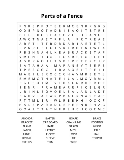 Parts of a Fence Word Search Puzzle