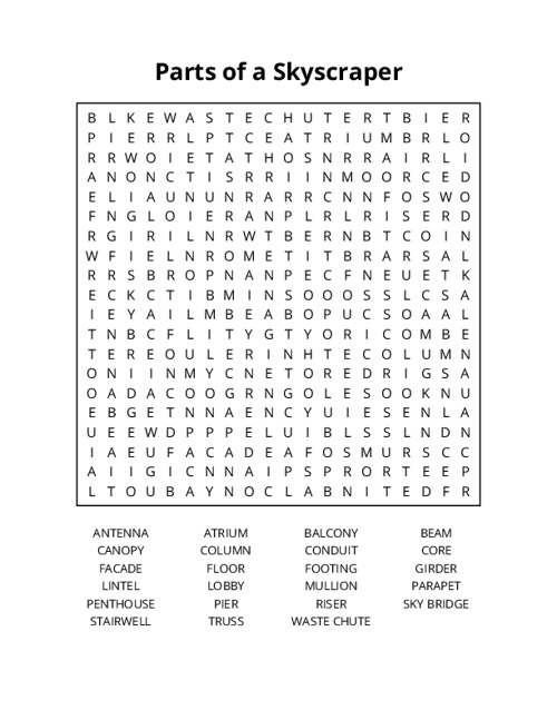 Parts of a Skyscraper Word Search Puzzle