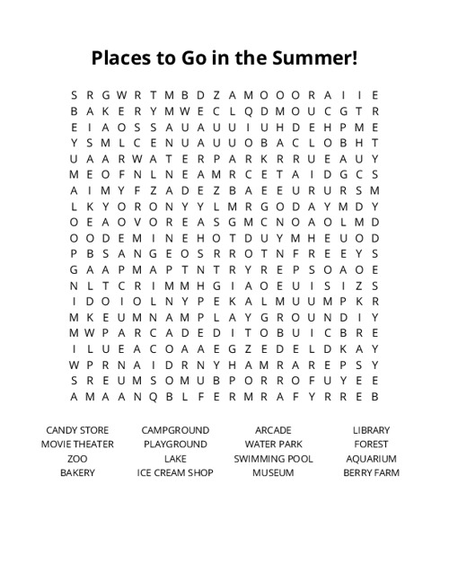 Places to Go in the Summer! Word Search Puzzle