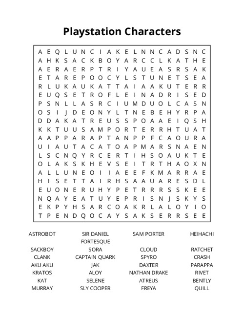 Playstation Characters Word Search Puzzle