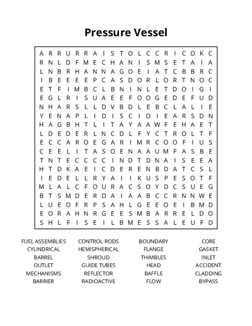 Pressure Vessel Word Search Puzzle