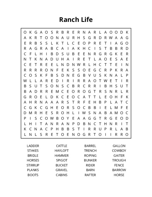Ranch Life Word Search Puzzle