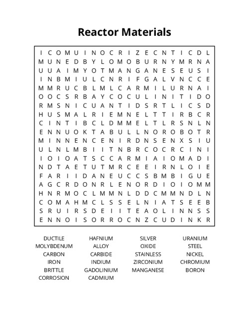 Reactor Materials Word Search Puzzle