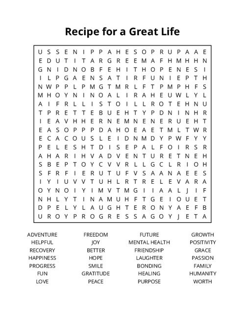 Recipe for a Great Life Word Search Puzzle