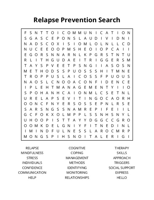 Relapse Prevention Search Word Search Puzzle