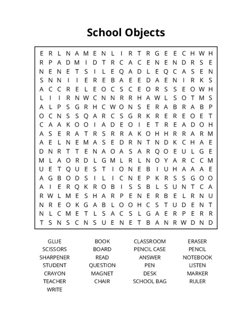 School Objects Word Search Puzzle