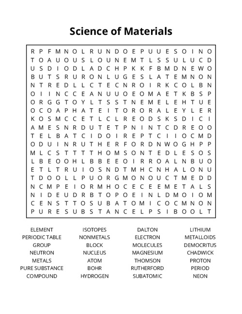 Science of Materials Word Search Puzzle