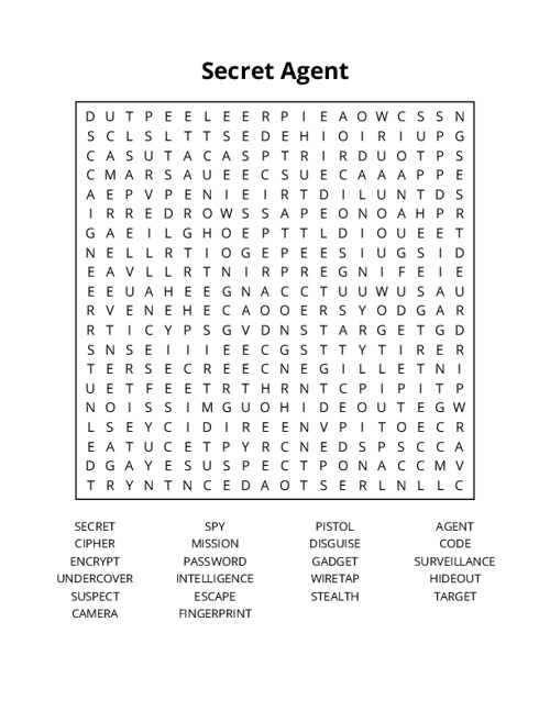 Secret Agent Word Search Puzzle