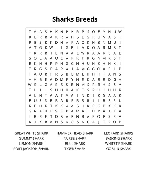Sharks Breeds Word Search Puzzle