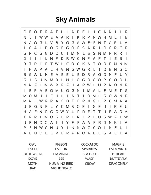 Sky Animals Word Search Puzzle