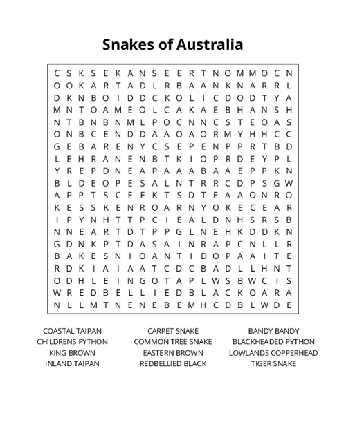 Snakes of Australia Word Search Puzzle