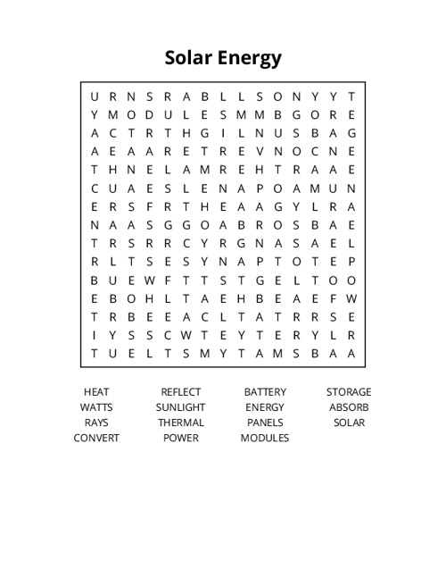 Solar Energy Word Search Puzzle