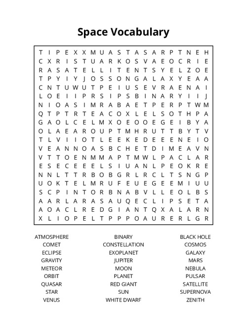 Space Vocabulary Word Search Puzzle