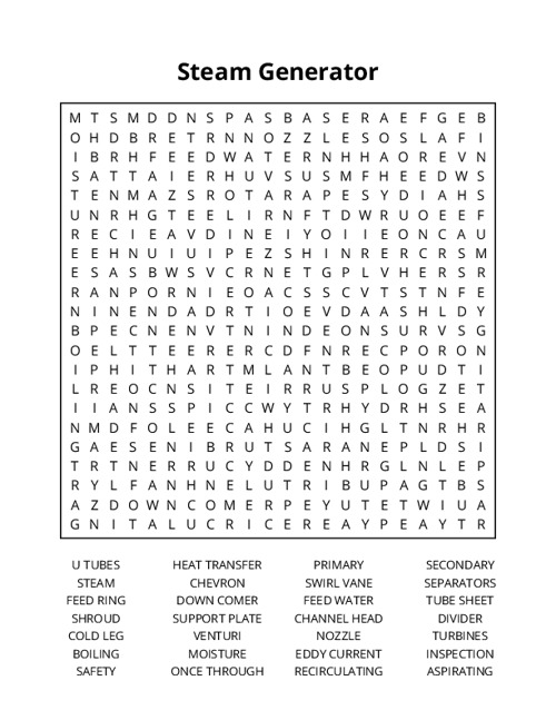 Steam Generator Word Search Puzzle
