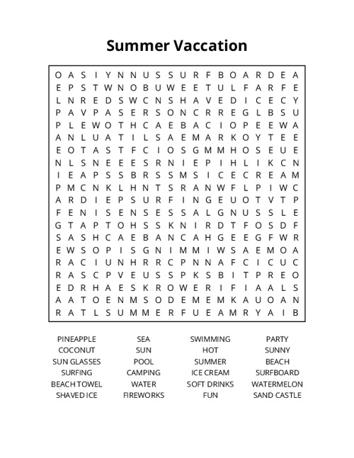 Summer Vaccation Word Search Puzzle