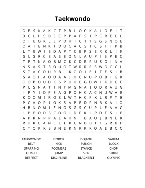 Taekwondo Word Search Puzzle