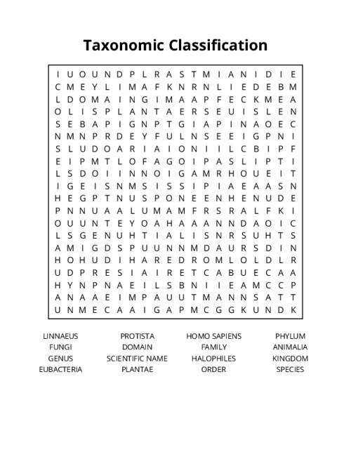 Taxonomic Classification Word Search Puzzle