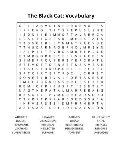 The Black Cat: Vocabulary Word Search Puzzle