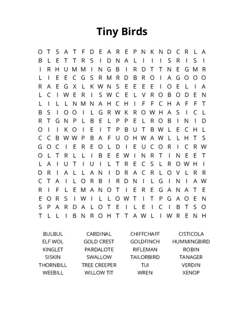 Tiny Birds Word Search Puzzle