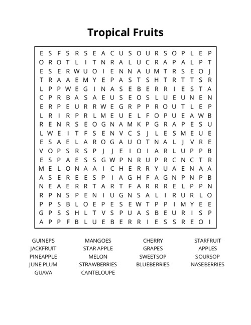 Tropical Fruits Word Search Puzzle