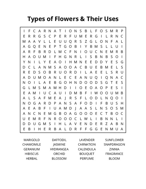 Types of Flowers & Their Uses Word Search Puzzle