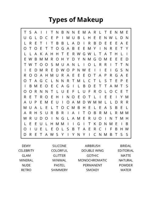 Types of Makeup Word Search Puzzle