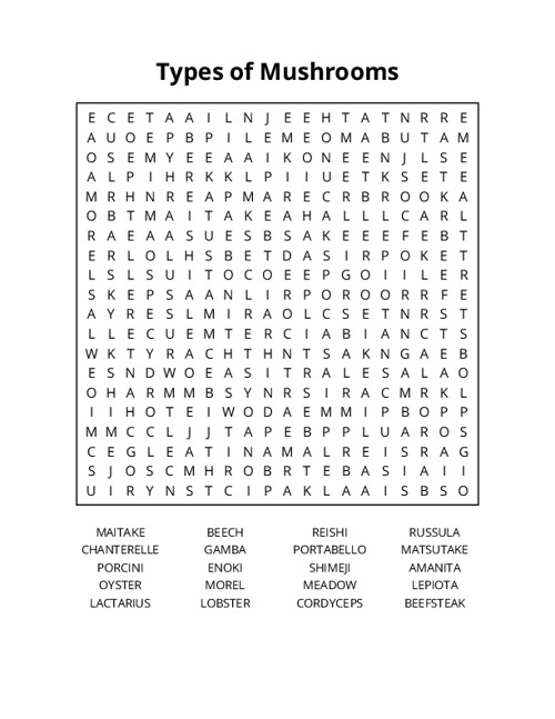 Types of Mushrooms Word Search Puzzle