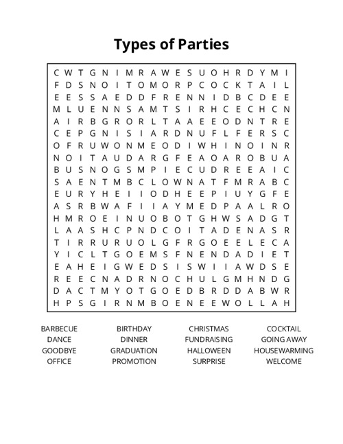 Types of Parties Word Search Puzzle