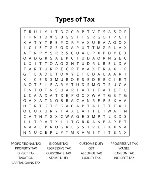 Types of Tax Word Search Puzzle