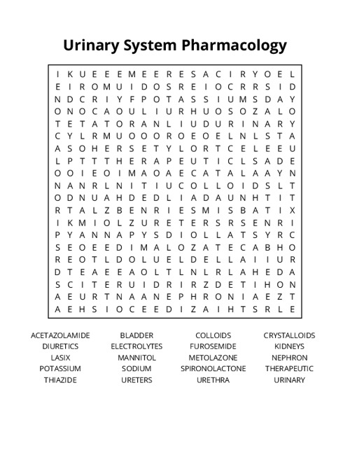 Urinary System Pharmacology Word Search Puzzle