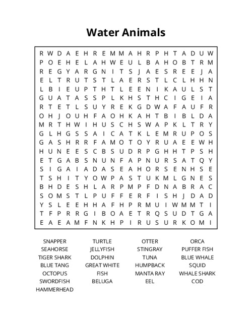 Water Animals Word Search Puzzle