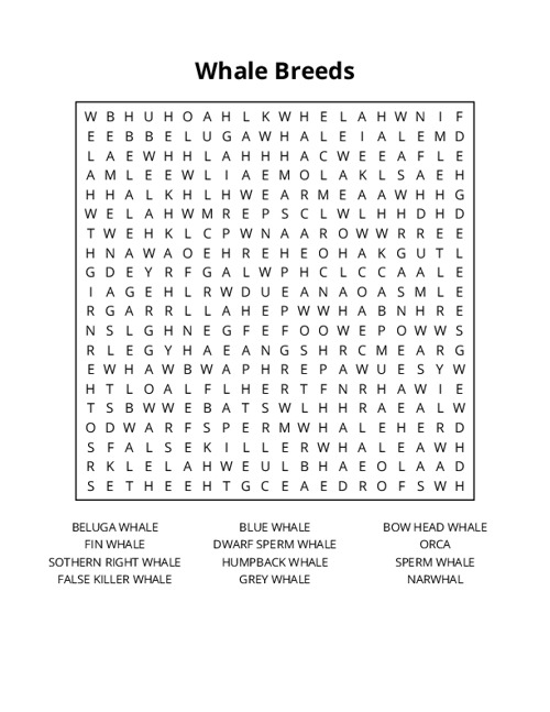 Whale Breeds Word Search Puzzle