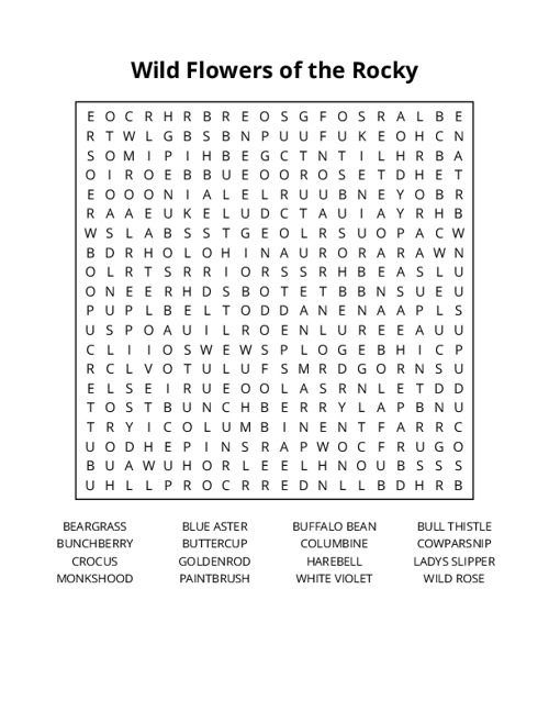 Wild Flowers of the Rocky Mountains Word Search Puzzle