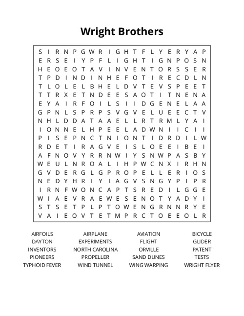 Wright Brothers Word Search Puzzle