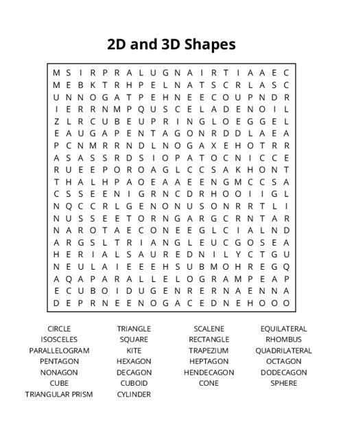 2D and 3D Shapes Word Search Puzzle