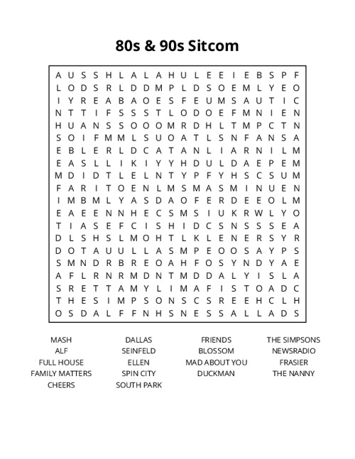 80s & 90s Sitcom Word Search Puzzle
