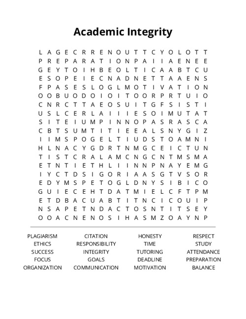 Academic Integrity Word Search Puzzle