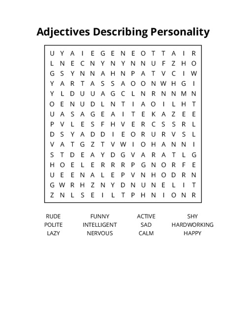 Adjectives Describing Personality Word Search Puzzle