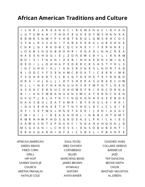 African American Traditions and Culture Word Search Puzzle