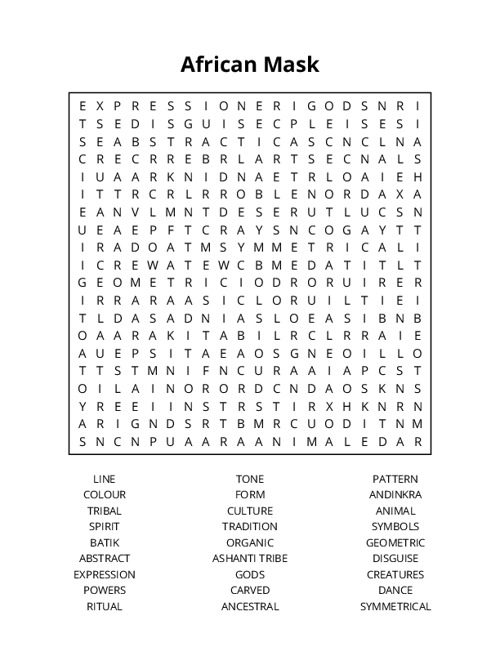 African Mask Word Search Puzzle