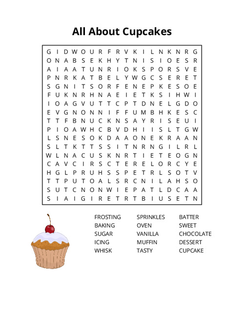 All About Cupcakes Word Search Puzzle