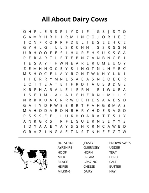 All About Dairy Cows Word Search Puzzle