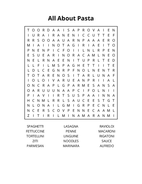 All About Pasta Word Search Puzzle