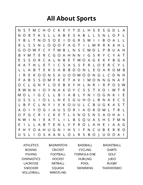 All About Sports Word Search Puzzle