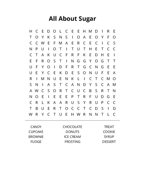 All About Sugar Word Search Puzzle
