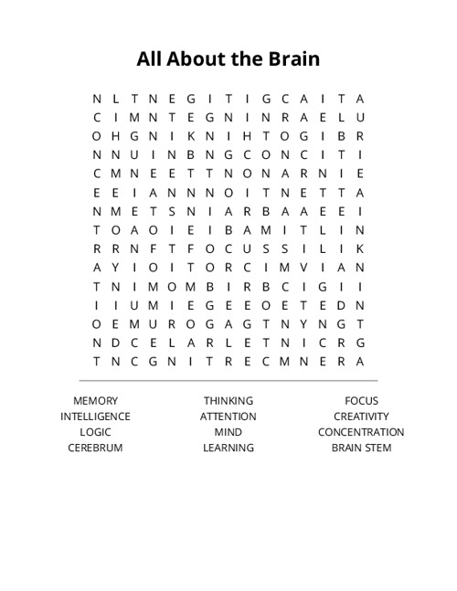 All About the Brain Word Search Puzzle