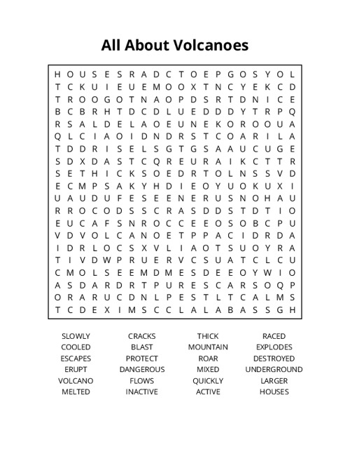 All About Volcanoes Word Search Puzzle