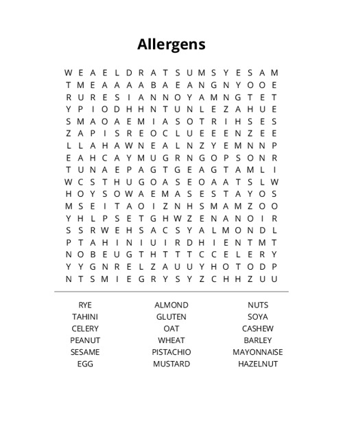 Allergens Word Search Puzzle