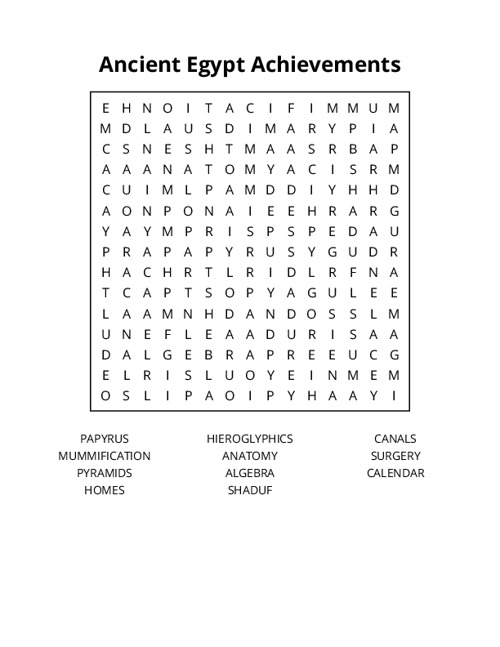 Ancient Egypt Achievements Word Search Puzzle