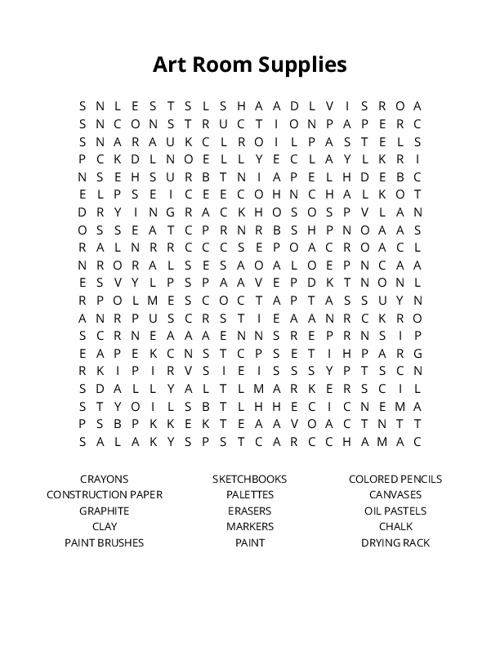 Art Room Supplies Word Search Puzzle